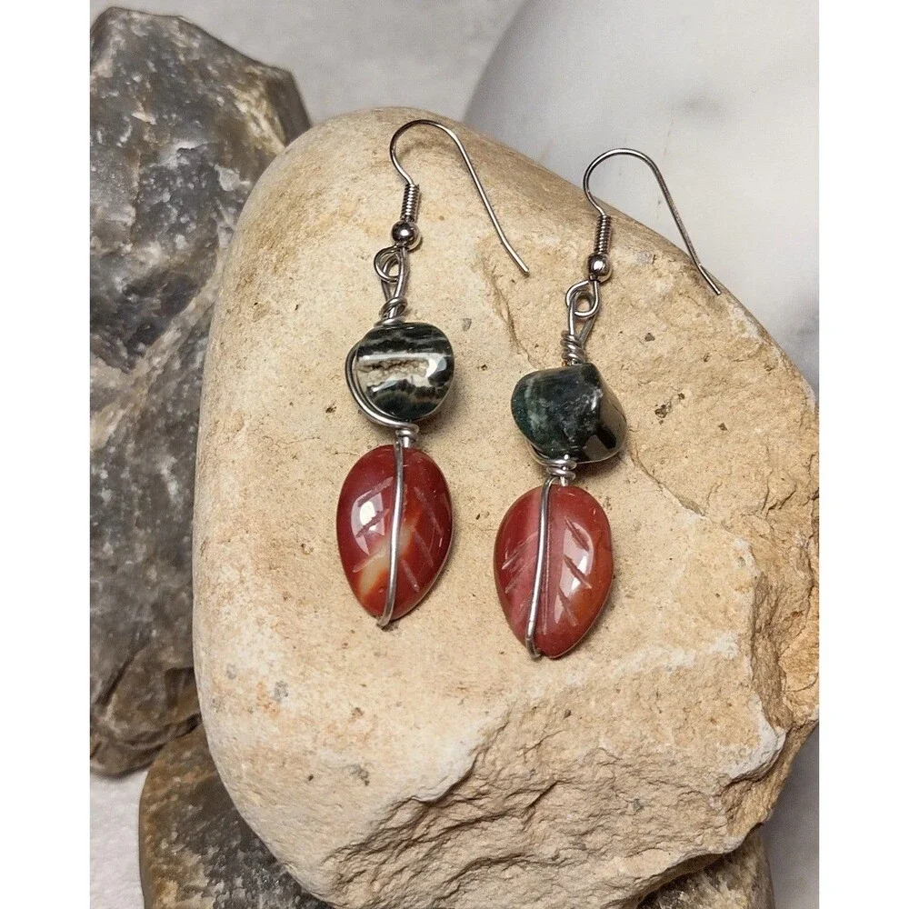 Carved Jasper Leaf Stone Geode Dangle Earrings